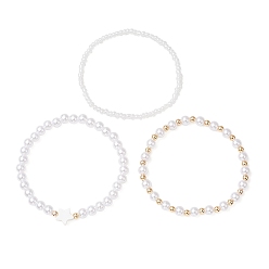 Белый 3 шт. 3 стили АБС-пластиковые искусственные жемчужные бусины и ракушечные бусины эластичные браслеты для женщин, со стеклянными бисеринами, белые, внутренний диаметр: 2-1/8 дюйм (5.5 см)