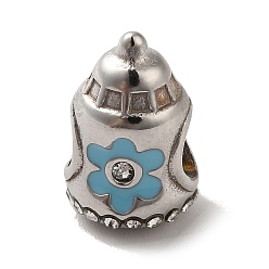 Stainless Steel Color 304 Stainless Steel Enamel European Beads, with Rhinestone, Large Hole Beads, Feeding Bottle with Flower Pattern, Stainless Steel Color, 13.5x9mm, Hole: 4.5mm