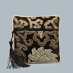Black Chinese Style Square Cloth Zipper Pouches, with Random Color Tassels and Auspicious Clouds Pattern, Black, 12~13x12~13cm