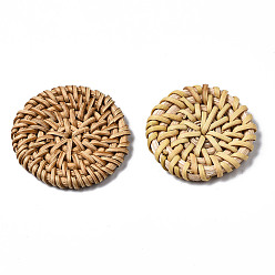 BurlyWood Handmade Reed Cane/Rattan Woven Beads, For Making Straw Earrings and Necklaces, No Hole/Undrilled, Flat Round, BurlyWood, 34~38x5~6mm