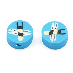 Dodger Blue Handmade Polymer Clay Beads, Flat Round with Fly Pattern, Dodger Blue, 9x5mm, Hole: 1.8mm