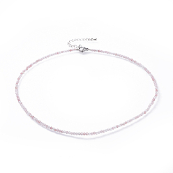 Strawberry Quartz Natural Strawberry Quartz Beaded Necklaces, with 304 Stainless Steel Lobster Claw Clasps and Brass Extender Chains, Faceted, 15.8 inch(40.2cm)