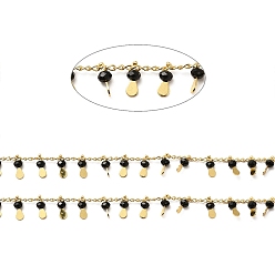 Black Glass Beaded Teardrop Charm Chains, with Real 18K Gold Plated Brass Curb Chains, Soldered, with Spool, Black, 1.5mm