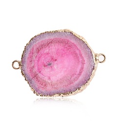 Deep Pink Natural Druzy Agate Connector Charms, with Golden Plated Brass Edge, Dyed, Nuggets Links, Deep Pink, 25~35mm