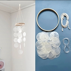 White DIY Wind Chime Hanging Pendant Decoration Making Kit, Including Bamboo Rings, Shell Pendants, Cotton and Elastic Threads, White, 550x150mm