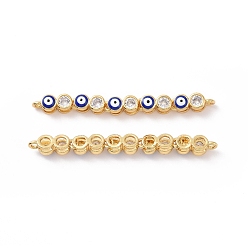 Medium Blue Flat Round with Evil Eye Pattern Brass Micro Pave Clear Cubic Zirconia Enamel Connector Charms, Real 18K Gold Plated, Cadmium Free & Nickel Free & Lead Free, Medium Blue, 45.5x4x4mm, Hole: 1.2mm