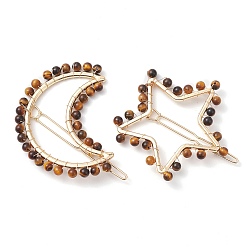 Tiger Eye 2Pcs Moon & Star Alloy with Natural Tiger Eye Hollow Hair Barrettes, Ponytail Holder Statement for Girls Women, Moon: 61x66x4~5mm, Star: 52.5~54x60x4~4.5mm