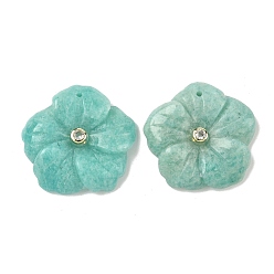 Амазонит Резные подвески из натурального амазонита, подвески-цветы с латунной бабочкой из прозрачного кубического циркония, реальный 18 k позолоченный, долговечный, стойки покрытие, 30x30.5x6 мм, отверстие : 1.4 мм