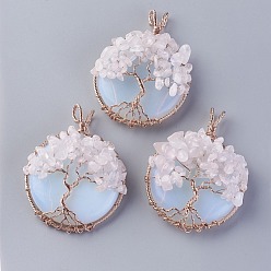 Opalite Opalite & Natural Rose Quartz Big Pendants, with Rose Gold Tone Brass Findings, Flat Round with Tree of Life, 58~61.5x44~48x14~16.5mm, Hole: 4~5x3.5~6mm