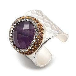 Silver Natural Amethyst Flat Round Open Cuff Ring with Rhinestone, Brass Wide Ring for Women, Silver, Inner Diameter: 19mm