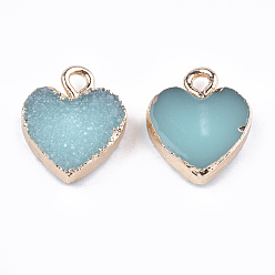 Pale Turquoise Electroplate Druzy Resin Pendants, with Iron Findings, Heart, Light Gold, Pale Turquoise, 15x12x3.5~4mm, Hole: 1mm