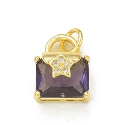 Purple Rack Plating Brass Micro Pave Clear Cubic Zirconia Charms, with Jump Rings, Cadmium Free & Lead Free, Long-Lasting Plated, Envelope Handbag with Star Charm, Real 18K Gold Plated, Purple, 12.5x9.5x7.5mm, Hole: 3mm