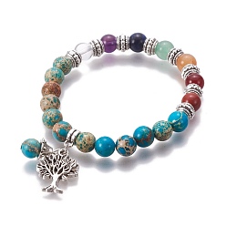 Imperial Jasper Chakra Jewelry, Natural Regalite/Imperial Jasper/Sea Sediment Jasper Bracelets, with Metal Tree Pendants, 50mm