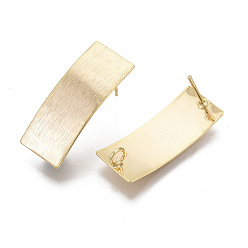 Real 18K Gold Plated Brass Stud Earring Findings, with Loop, Nickel Free, Textured, Rectangle, Real 18K Gold Plated, 25.5x10mm, Hole: 2mm, Pin: 0.7mm
