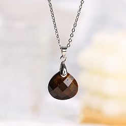 Tiger Eye Natural Tiger Eye Teardrop Pendant Necklaces, Stainless Steel Cable Chain Necklace for Women, 19.69 inch(50cm)