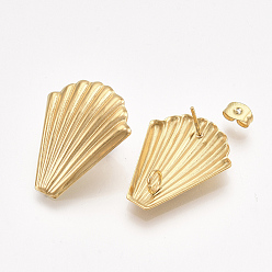 Golden 304 Stainless Steel Stud Earring Findings, with Loop and Ear Nuts/Earring Backs, Scallop, Golden, 26x20.5mm, Hole: 3mm, Pin: 0.8mm