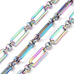 Rainbow Color Ion Plating(IP) 304 Stainless Steel Figaro Chains, Unwelded, with Spool, Rainbow Color, Oval: 14x5x1mm, Ring: 4x1.5mm, about 32.8 Feet(10m)/roll