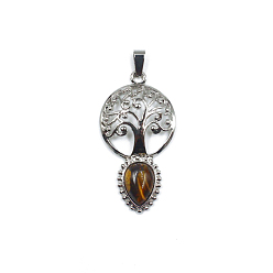 Tiger Eye Natural Tiger Eye Teardrop Pendants, Tree of Life Charms with Platinum Plated Metal Findings, 49x26mm