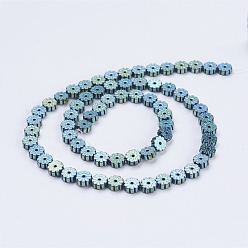Green Plated Electroplate Non-magnetic Synthetic Hematite Beads Strands, Flower, Green Plated, 6x2mm, Hole: 1mm, about 66pcs/strand, 15.9 inch(40.5cm)