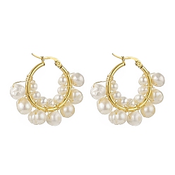Real 18K Gold Plated Natural Pearl Beaded Hoop Earrings, 304 Stainless Steel Wire Wrap Jewelry for Women, Real 18K Gold Plated, 31.5x37x8mm, Pin: 0.6~1.2x0.6mm
