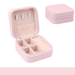 Misty Rose Square PU Leather Jewelry Set Box, Travel Portable Jewelry Case, Zipper Storage Boxes, for Necklaces, Rings, Earrings and Pendants, Misty Rose, 10x10x5cm