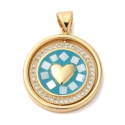 Темно-Голубой Плоские круглые подвески с сердцем из латуни с микропаве и фианитами, с эмалью и ракушкой, долговечный, без свинца и без кадмия, реальный 18 k позолоченный, глубокое синее небо, 23x20x3 мм, отверстие : 5x4 мм