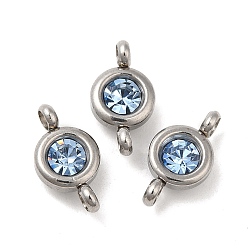 Light Sapphire 304 Stainless Steel Single Rhinestone Connector Charms, Flat Round Links, Stainless Steel Color, Light Sapphire, 12x6.5x4mm, Hole: 2mm
