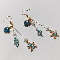 Синий 304 серьги-подвески в форме морской звезды и ракушки из нержавеющей стали, со сплавом, эмалью и стеклянным жемчугом, морская тема, золотой свет, синие, 80 мм