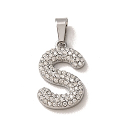 Letter S 304 Stainless Steel Micro Pave Clear Cubic Zirconia Pendants, Letter Charms, Stainless Steel Color, Letter S, 18x11.5x2.5mm, Hole: 6x2.5mm