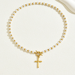 Золотой 201 Винтажное ожерелье с подвеской-крестиком из искусственного жемчуга из нержавеющей стали для женщин, золотые, 17.91 дюйм (45.5 см)