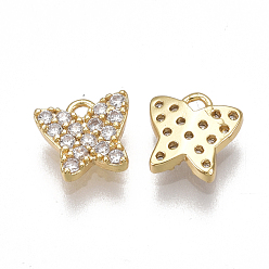 Real 18K Gold Plated Brass Micro Pave Cubic Zirconia Charms, Nickel Free, Real 18K Gold Plated, Butterfly, Clear, 6x6x2mm, Hole: 0.9mm