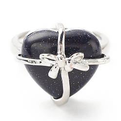 Blue Goldstone Synthetic Blue Goldstone Heart with Bowknot Adjustable Ring, Platinum Plated Brass Jewelry for Women, Cadmium Free & Lead Free, Inner Diameter: 16.7~21.2mm