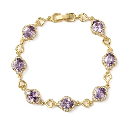 Средний Фиолетовый Браслеты-цепочки из латуни в форме сердца и овала, украшенные микропаве из кубического циркония, для женщин., без кадмия и без свинца, долговечный, стойки покрытие, реальный 18 k позолоченный, средне фиолетовый, 7.40 дюйм (18.8 см)