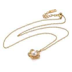 Golden Flower Vacuum Plating 304 Stainless Steel Pendant Necklaces, with Rhinestone & Plastic Pearl, Golden, 16.34 inch(41.5cm)