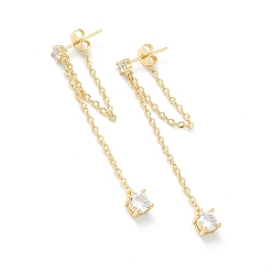 Real 18K Gold Plated Brass Micro Pave Clear Cubic Zirconia Cable Chain Tassel Earrings, Long-Lasting Plated, Real 18K Gold Plated, 48mm, Pin: 0.7mm