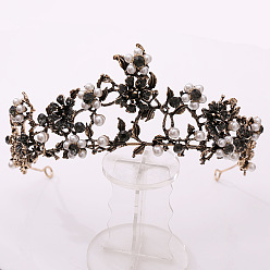 Black Baroque Rhinestone Pearl Wedding Crown, Alloy Hair Bands for Bridal, Black, 155x62mm