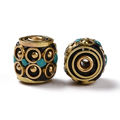 Medium Turquoise Handmade Indonesia Beads, with Brass Findings and Resin, Antique Golden, Column, Medium Turquoise, 12x11mm, Hole: 1.8mm