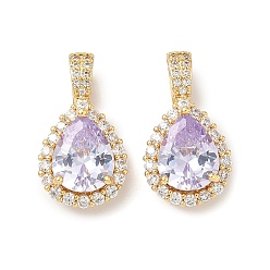 Фиолетовый Латунные микро проложить кубического циркония подвески, слезинки, реальный 18 k позолоченный, фиолетовые, 21x11.5x6 мм, отверстие : 5x3.5 мм
