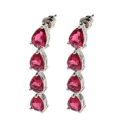 Crimson Rack Plating Platinum Tone Brass Cubic Zirconia Studs Earrings for Women, Teardrop, Crimson, 41x7mm