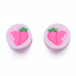 Hot Pink Handmade Polymer Clay Beads, Flat Round with Peach, Hot Pink, 9~10.5x4~4.5mm, Hole: 1.6mm