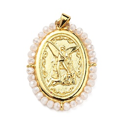 Antique White Brass with Glass Pendants, Cadmium Free & Lead Free, Real 18K Gold Plated, Oval with Angel Pattern, Antique White, 35x26x3mm, Hole: 3.5x4mm