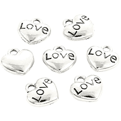 Antique Silver Valentine's Day Theme, Tibetan Style Alloy Charms, Heart with Word Love, Antique Silver, 8x8x3mm, Hole: 1mm