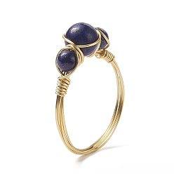 Lapis Lazuli Natural Lapis Lazuli Round Braided Beaded Finger Ring, Light Gold Copper Wire Wrap Jewelry for Women, Inner Diameter: 18mm