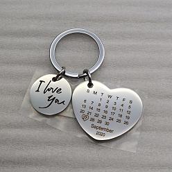 Stainless Steel Color Stainless Steel Pendants Keychain, with Key Rings, Heart with Calendar & Flat Round with Word I Love You, Stainless Steel Color, 2.5x3cm, Ring: 25mm