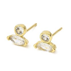 Clear Real 18K Gold Plated Brass Horse Eye Stud Earrings, with Cubic Zirconia, Long-Lasting Plated, Lead Free & Cadmium Free, Clear, 7x6.5mm