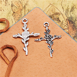 Antique Silver Tibetan Style Alloy Pendants, Cross with Rose, Antique Silver, 35x24mm