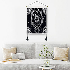 Moon Rectangle Polyester Decorative Wall Tassel Hanging Tapestrys, for Home Decoration, with Wooden Rod and Plastic Hook, Black, Moon, 500x350mm