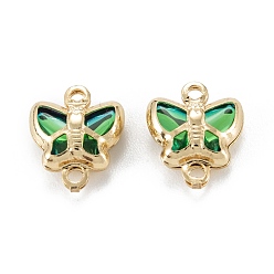 Зеленый лайм Соединители звеньев латуни стеклянные, долговечный, бабочка, реальный 18 k позолоченный, зеленый лайм, 10x9x4 мм, отверстие : 0.9~1.2 мм