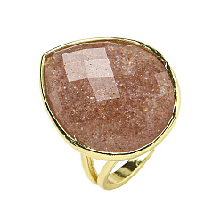 Strawberry Quartz Teardrop Natural Strawberry Quartz Open Cuff Rings, Golden Plated Brass Ring for Unisex, Inner Diameter: Adjustable