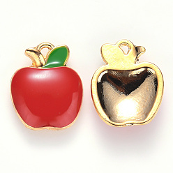 Red Alloy Enamel Charms, Apple, Light Gold, Red, 15x12x3mm, Hole: 0.9mm